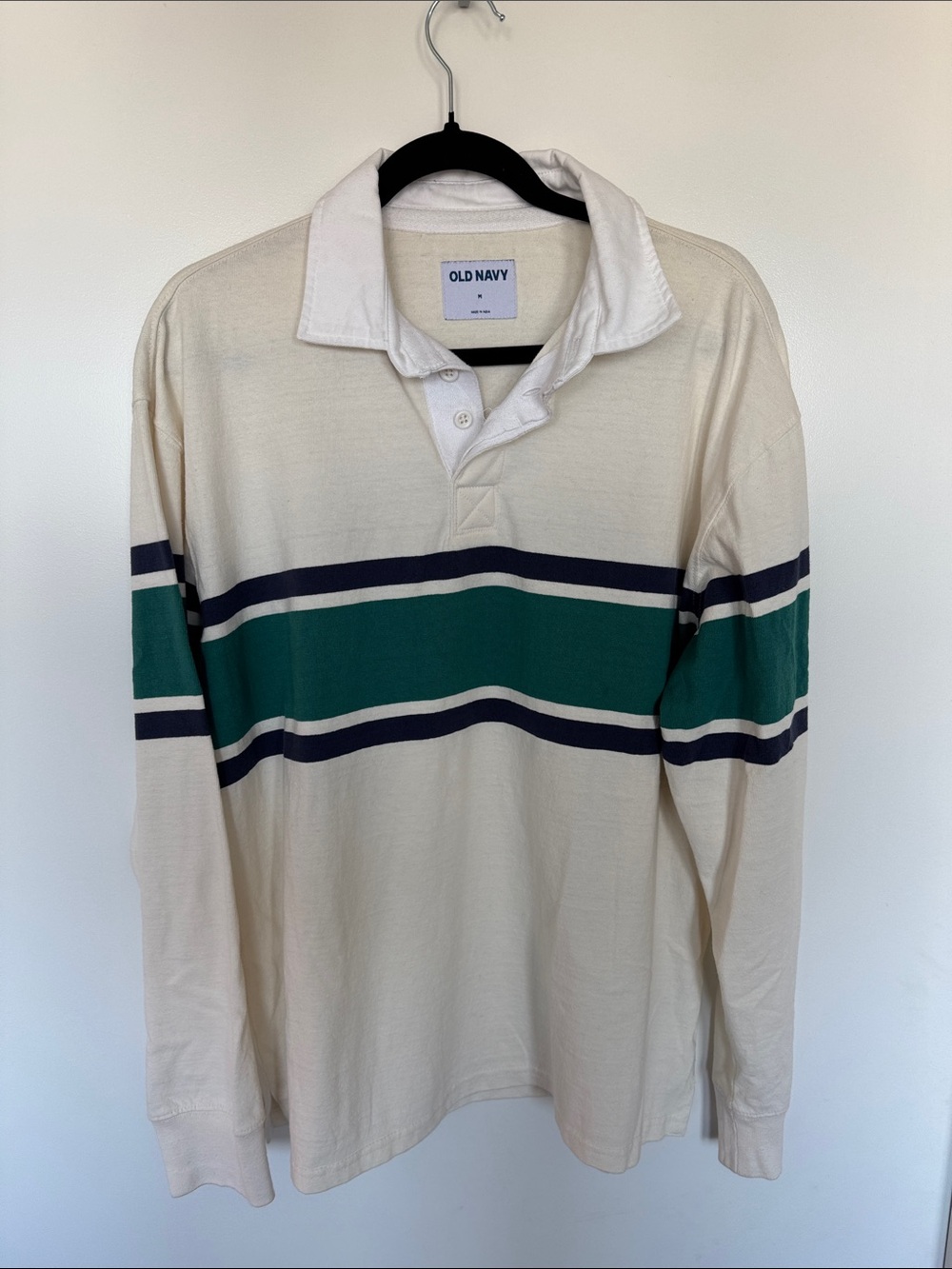 Old Navy Cream Rugby Polo with Green & Navy Stripes